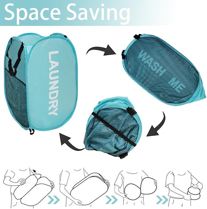 2Pcs Dirty Clothes Hampers for Laundry Foldable Mesh Pop Up Hampers | Collapsible Laundry Baskets Travel Cruise Hampers Blue Space Saving Easy to Carry for Laundry Room, College Dorms, Bedroom