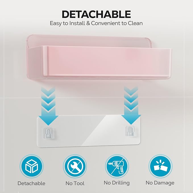 Nieifi Adhesive Shower Shelves, Pink, 5 Pieces | Rustproof ABS, Large Capacity, Removable Design, Easy-Clean, No Drilling Shower Organizer for Bathroom Storage & Home Decor