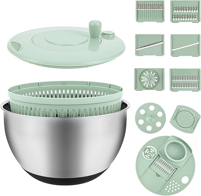 3 in 1 Stainless Steel Salad Spinner, 4.2 QT Large Vegetable Dryer Lettuce Spinner with 5 Blade Slicer Non Slip Base, for Kitchen Salad Vegetables
