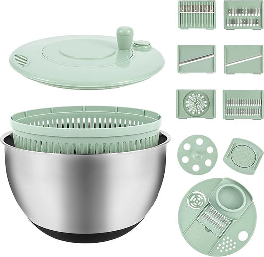 3 in 1 Stainless Steel Salad Spinner, 4.2 QT Large Vegetable Dryer Lettuce Spinner with 5 Blade Slicer Non Slip Base, for Kitchen Salad Vegetables