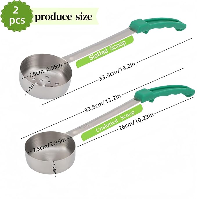 2Pcs Stainless Steel Portion Control Serving Spoons, 4 Oz Serving Ladles, Restaurant and Kitchen Measuring Serving Ladle, Portion Control Slotted and Unslotted Scoops for Weight Loss(Green)
