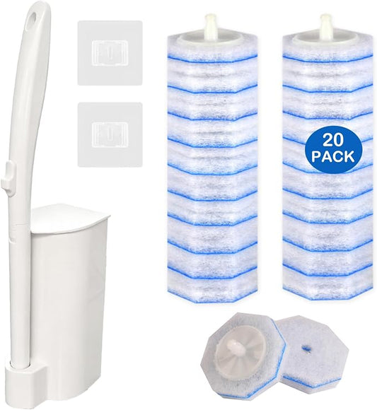 Disposable Toilet Brush and Holder Set, 20 Pre-Filled Refills, 5X Powerful No-Shed Pads, 360° Deep Toilet Bowl Clean, Toilet Bowl Cleaners with Storage Caddy & Adhesive Hooks