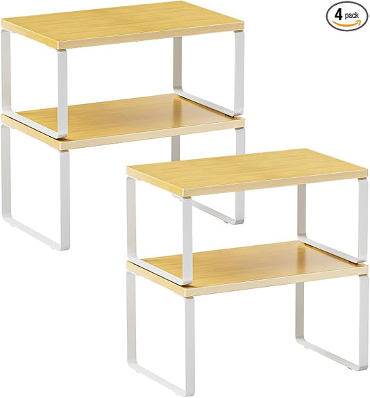 LAMU Cabinet Organizer Shelf, Set of 4 Expandable Kitchen Counter Shelve Plate Organizer for Cabiner, Stackable Spice Rack, CupBoard Organizers and Storage, Wood