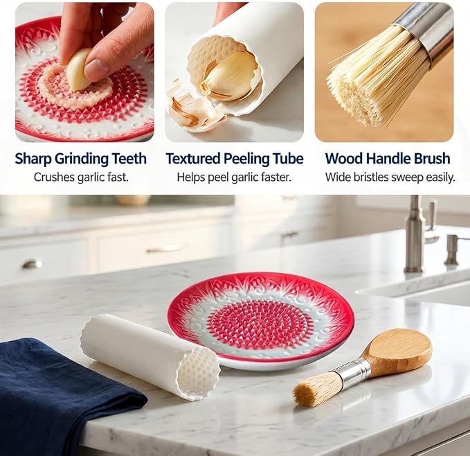 Handcrafted Ceramic Garlic Grater Plate 4-Pc Set, 5.12" Handmade Porcelain Grinding Dish with Wooden Boar Bristle Brush & Textured Silicone Peeler, Ruby Red Embossed Lily