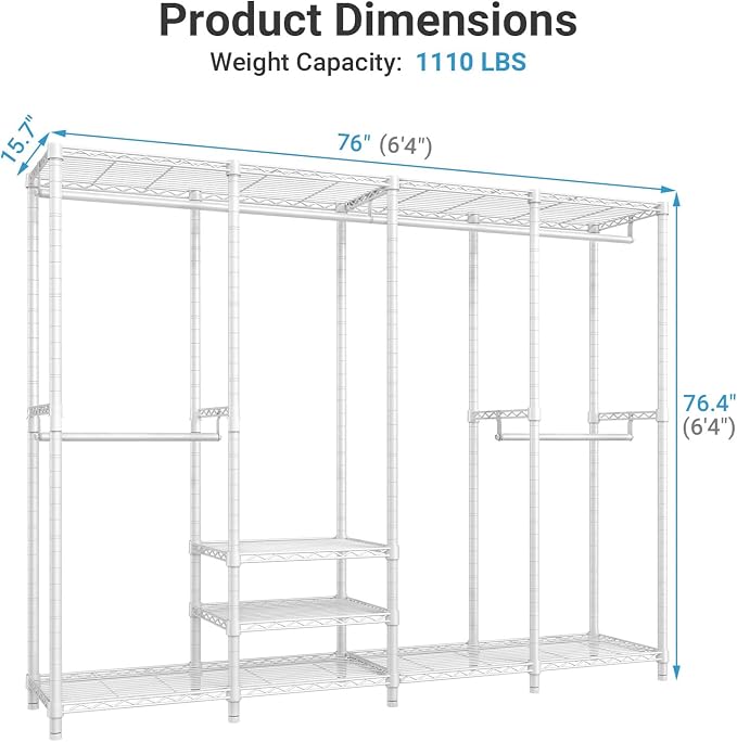 VIPEK V40 Heavy Duty Clothes Rack, 1110lb Capacity Sturdy Metal Garment Rack, Clothing Rack with 6 Shelves & 4 Hang Rods, Adjustable Open Wardrobe Closet Organizer for Bedroom/Apartment/Retail, White