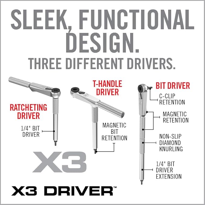 Real Avid X3 52-Piece Socket & Bit Set - 3-in-1 Screwdriver Ratchet T-Handle, Tool Set Includes 16 Socket Wrench Set, 36 Bits with 1/4"