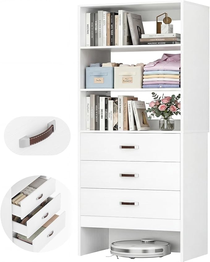 Armocity Freestanding 2FT Closet System with Leather Handles, 24" Walk-in Closets Storage Unit with Cabinet, Wood Wardrobe Closet Organizer and Storage with 3 Drawers for Small Space, Laundry, White