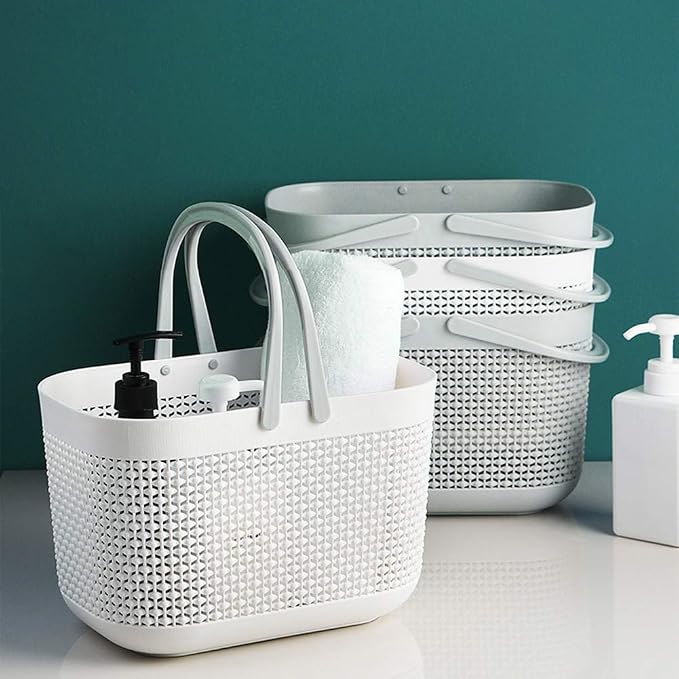 Plastic Protable Shower Caddy Basket, Storage Organizer, White, 2 Pack | Bottom Drain Holes, Keep Dry, Sturdy and Durable, Easy to Carry for Bathroom, Kitchen, Dorm Room, RV, College
