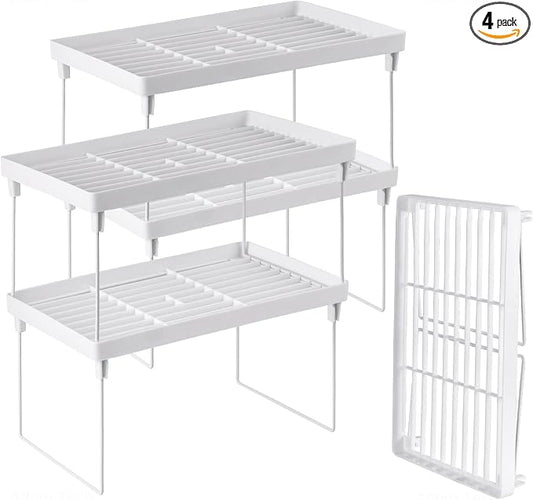 NiHome 4-Pack Stackable Plastic Kitchen Storage Shelf Foldable Rack, White | Stackable Kitchen Cabinet Organizer and Storage Shelves, Expandable Storage Racks for Counter Cabinet Pantry