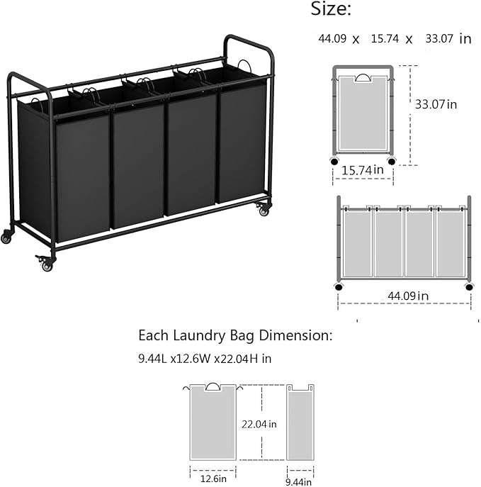 4 Section Laundry Hamper, Black Rolling Laundry Basket, 180L Laundry Sorter | Laundry Room Organization with Heavy Duty Rolling Lockable Wheels and Removable Bag, Bedroom Laundry Cart for Clothes Storage