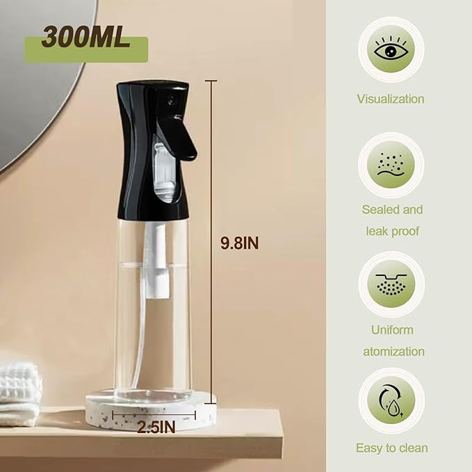 Fine Continously Mist Spray Bottle (10.1oz/300ml) for Body moisturizer Hair styling Cleaning Garden plant care etc.,Hair Mister Misting Continuous Mist Spray Bottle,2Pcs (Black+Black)