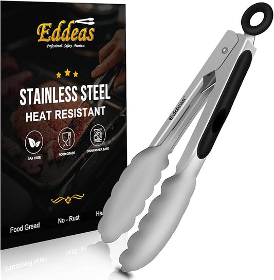Eddeas Small Tongs For Cooking, Mini 7 inch Kitchen Tongs -Heat Resistant 600 Degrees Stainless Steel and Non-Slip handle - Perfect for Cooking, Salad, Pasta, Steaks, Vegetables,Dishwasher safe