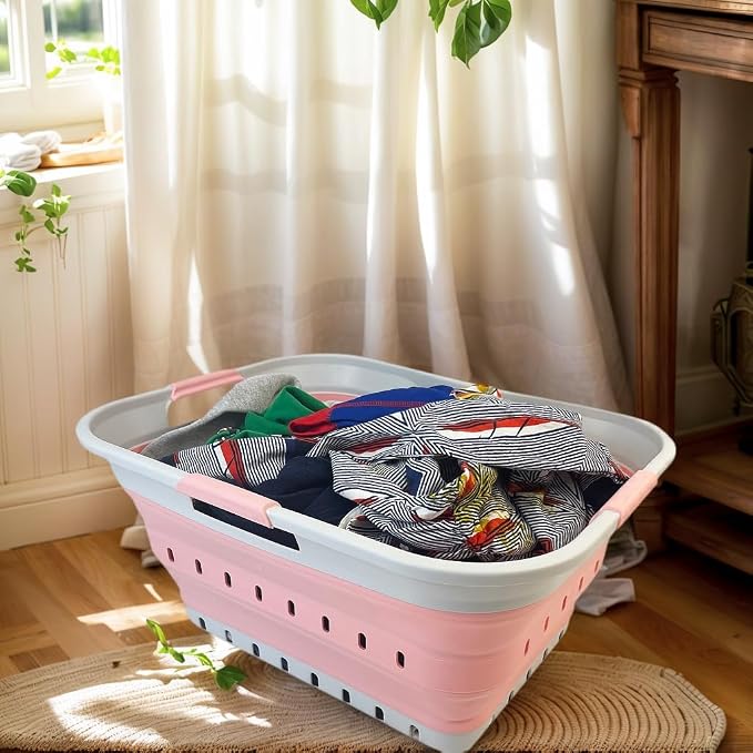 SAMMART 42L (11 gallon) Collapsible Plastic Laundry Basket - Foldable Pop Up Storage Container/Organizer - Space Saving Hamper/Basket (Grey/Quartz Pink)