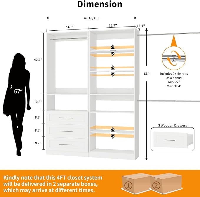 Closet System with 2 Sets, 4FT-10FT Closet Organizer Systems with 3 Wooden Drawers 7 Shelves & 3 Hanging Rods, Walk in Closet freestanding Corner Modular Closet Storage System White (4FT)