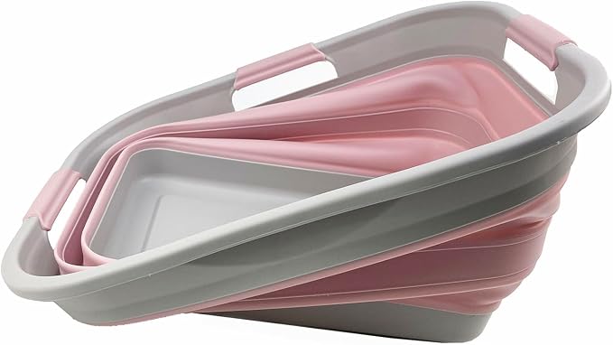 SAMMART 30L (8 gallon) Collapsible Plastic Laundry Basket-Foldable Pop Up Storage Container/Organizer-Portable Washing Tub-Space Saving Hamper/Basket (1, Grey/Pale Pink)