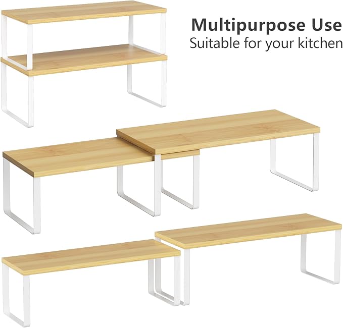 NEX Kitchen Cabinet and Counter Shelf Organizer, Stackable & Expandable, Set of 4, White and Natural - 7.7 x 15.6 x 6.2'' | Stackable Expandable Spice Rack, Pantry Organizers Space-Saving, Bathroom Countertop Storage, White and Natural