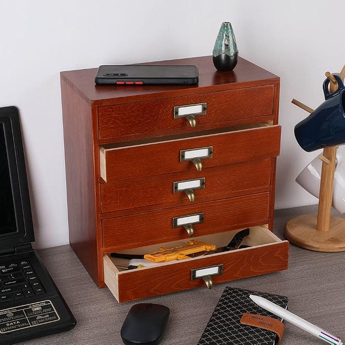 GoooodGift Wooden Drawers Small Wooden Box with Drawer, Brown | 5 Drawer Wood Storage Box , Vintage Desktop Organizer with Drawers, Desk Organizers for Library Card Catalog Cabinet
