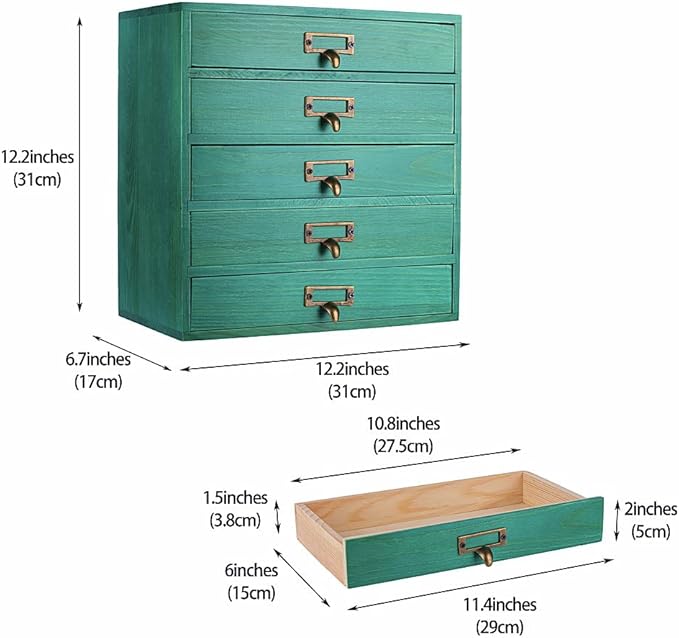 GoooodGIFT Wooden Drawers Small Wooden Box with Drawer, Green | 5 Drawer Wood Storage Box , Vintage Desktop Organizer with Drawers, Desk Organizers for Library Card Catalog Cabinet