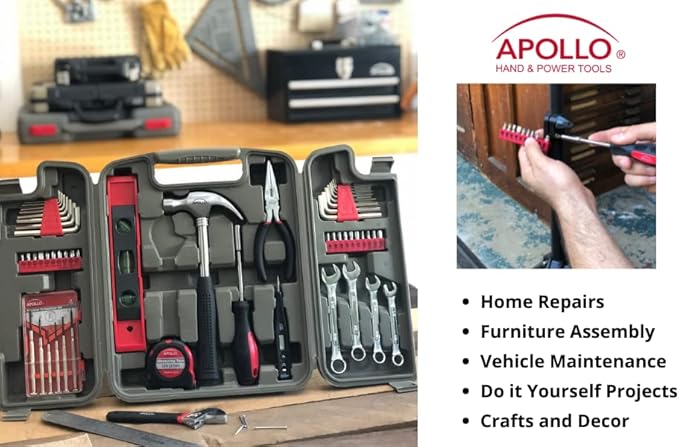 Apollo Tools 53 Piece Home Repair Tool Set with Toolbox Storage Case, Basic Tool Set for General Household Repairs and DIY, Includes Most Useful Hand Tools - Red