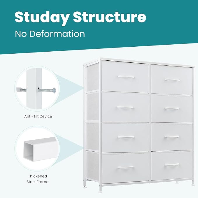 OLIXIS Dresser for Bedroom, 8 Storage Drawers, Tall Fabric Tower Organizer | Large Dresser for Closet, Chest of Drawers with Metal Frame Wooden Top for Nursery, Living Room, Entryway, White
