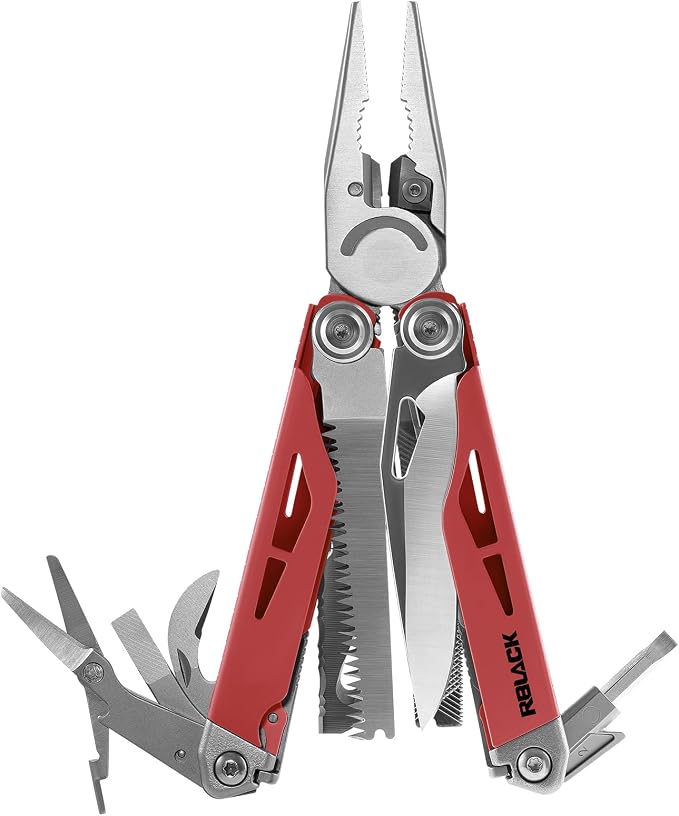 21-in-1 Multitool Pliers & Scissors w/Tungsten Cutters, Self-Locking | Durable EDC Set for Camping, DIY & Outdoor Survival, Pocket-sized Repair Kit, Brick Red