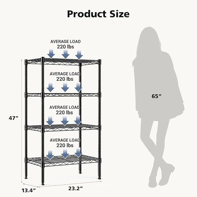 DUMOS 4-Tier Metal Storage Shelves, 23" W Adjustable Standing Storage Rack Shelf, Heavy Duty Steel Shelving Unit Organizers for Kitchen Bathroom Pantry Garage, 23.3" Wx13.4 Dx47 H