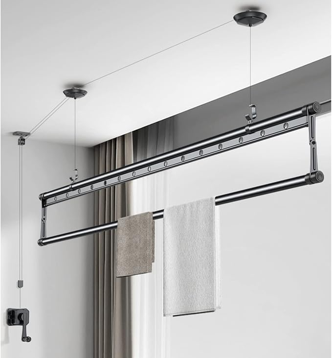 Ceiling Mounted Clothes Drying Rack, Indoor Balcony Lifting Aluminum Alloy Pulley Single Rod Clothes Rack, Hand-Held Vertical Folding Laundry Drying Rod(1.5M(59in), Black)