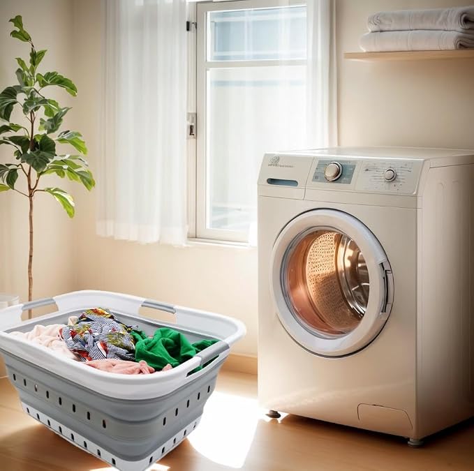 SAMMART 42L (11 gallon) Collapsible Plastic Laundry Basket - Foldable Pop Up Storage Container/Organizer - Portable Basket - Space Saving Hamper/Basket (2, White/Grey)