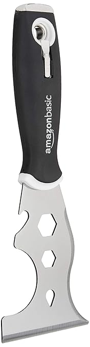 Amazon Basics 14-IN-1 Soft Grip Painters Tool with Hammer End, Paint Scraper, Nail Puller, Roller Cleaner, 3", Black