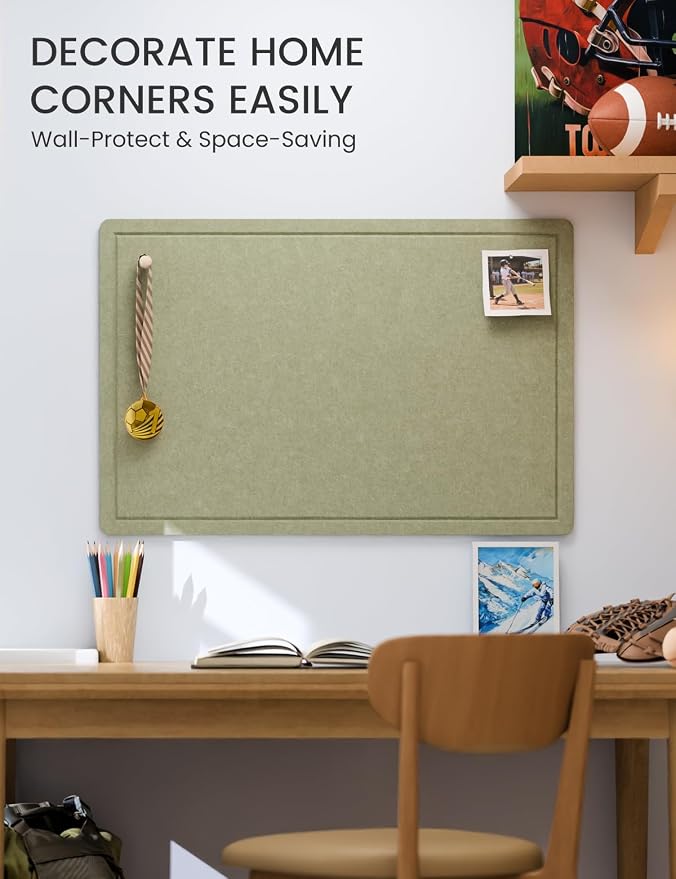 Fluxynara 35.4" x 23.6" Bulletin Board, Sage | Cork Board Alternative with 12 Removable Adhesive Tabs, Foldable Felt Pin Board for Home, Office, Classroom & Dorm
