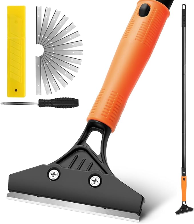 Razor Blade Floor Scraper with Long Handle, 4 Inch Floor Scraper Tools Heavy Duty with 10PCS Extra Metal Blades,Paint Scrapers for Cleaning Wall Glass Floor Paint Gum Stains Stickers Linoleum