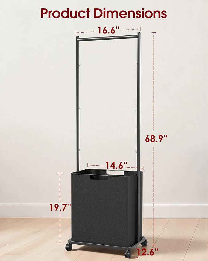 Clothes Rack - Space-Saving Clothing Rack for Hanging Clothes with Removable Laundry Basket, Reinforced Metal Garment Hanger with Wheels, Laundry Cart for Laundry, bathroom, 16.6"x12.6"x68.9", Black