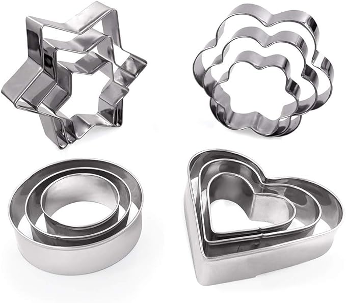 MCIGICM Cookie Cutters Shapes Baking Set, 12PCS Flower Round Heart Star Shape Biscuit Stainless Steel Metal Molds Cutters for Kitchen Baking Halloween Christmas