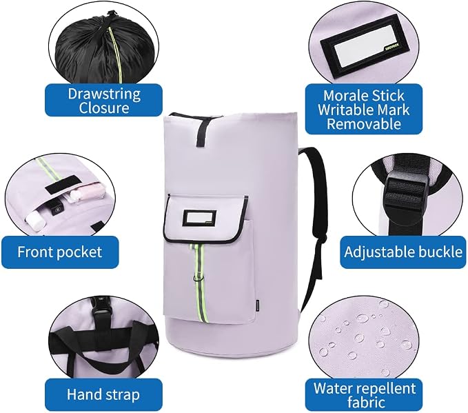 laundry bag backpack,extra-large heavy duty laundry bags,laundry backpack for college students,drawstring closure (Light purple laundry bag backpack)