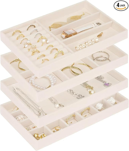 Cirhy Velvet Jewelry Drawer Organizer Trays – Stackable Jewelry Trays for Drawers, Set of 4 Jewelry Organizer for Drawer Inserts, Display Storage Box for Earrings, Rings, Necklaces, Bracelets