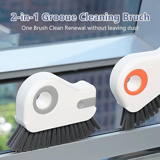 2 in 1 Groove Cleaning Brush, Window Track Cleaning Tools with Hard Bristles and Hidden Scraper, Crevice Brush for Sliding Door Track, Window Seal and Sill (Orange)