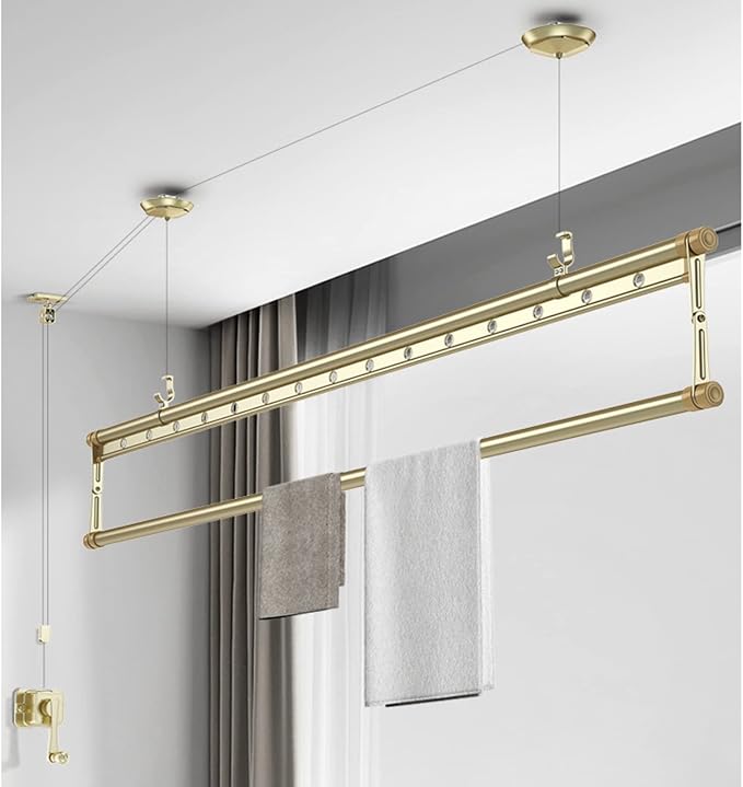 Ceiling Mounted Clothes Drying Rack, Indoor Balcony Lifting Aluminum Alloy Pulley Single Rod Clothes Rack, Hand-Held Vertical Folding Laundry Drying Rod(1.5M(59in), Gold)