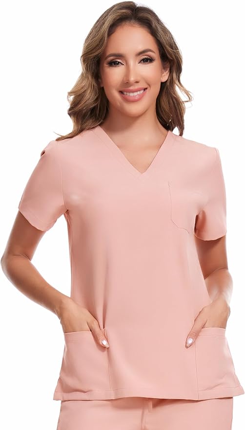 Scrubs Tops for Woman - Soft Stretch, V-Neck Tops | 3 Pockets, Side Split Design, Short Sleeve, Breathable & Lightweight Nursing Shirt, Easy-Care Fabric for All-Day Comfort