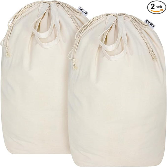 Canvas Laundry Bags with Handles & Square Base 13.8"Wx13.8"Dx27.6"H, 2 Pack | Large Heavy Duty Laundry Hamper Bag, Washable Drawstring Dirty Clothes Sack for College Dorm, Home Storage, Beige