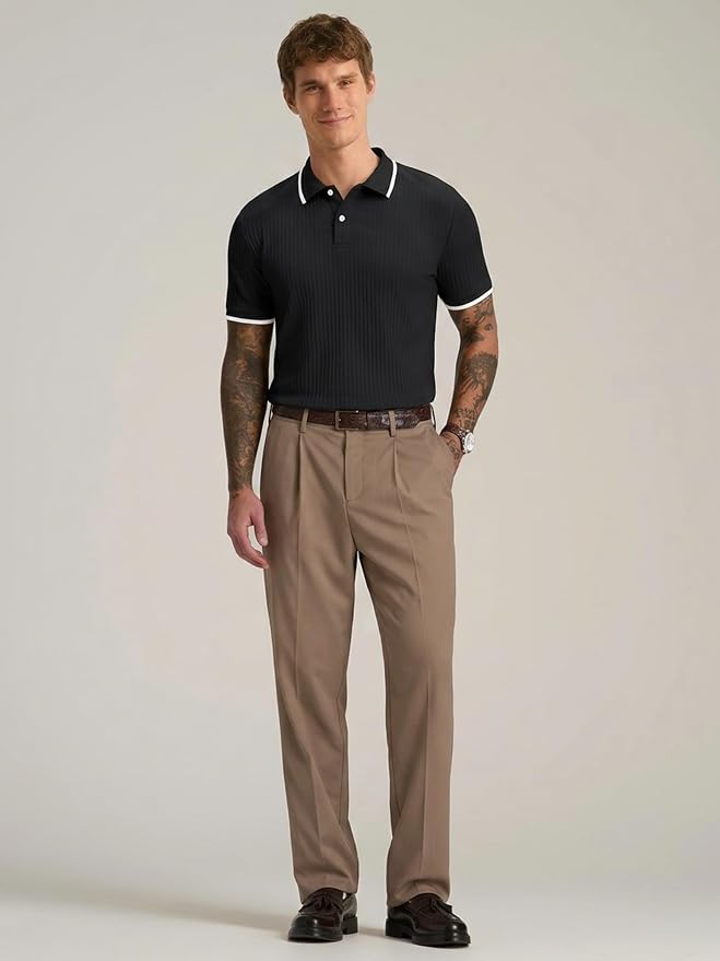 Comdecevis Men's Regular Fit Short Sleeve Knit Polo Shirts | Business casual, lightweight, breathable, stretch textured fabric, moisture wicking, easy care
