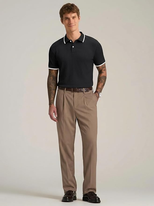 Comdecevis Men's Regular Fit Short Sleeve Knit Polo Shirts | Business casual, lightweight, breathable, stretch textured fabric, moisture wicking, easy care