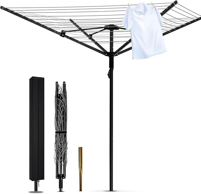 165 Feet Rotary Outdoor Umbrella Clothesline Aluminum 4 Arm Drying Rack | Steel Post Adjustable Height Retractable 12-Line Laundry Rack for Backyard Use
