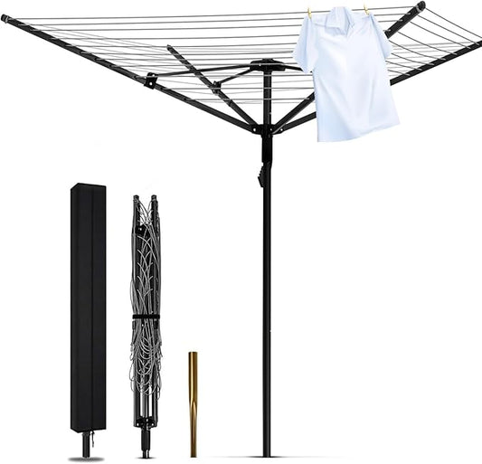 165 Feet Rotary Outdoor Umbrella Clothesline Aluminum 4 Arm Drying Rack | Steel Post Adjustable Height Retractable 12-Line Laundry Rack for Backyard Use