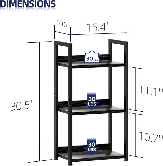NUMENN Narrow Bookshelf, 3 Tier Freestanding Shelving Unit, Black | Small Book Shelf for Small Spaces, Metal Frame & Wood Shelves, Falling Prevention Baffle, Bookcase for Bedroom&Home Office
