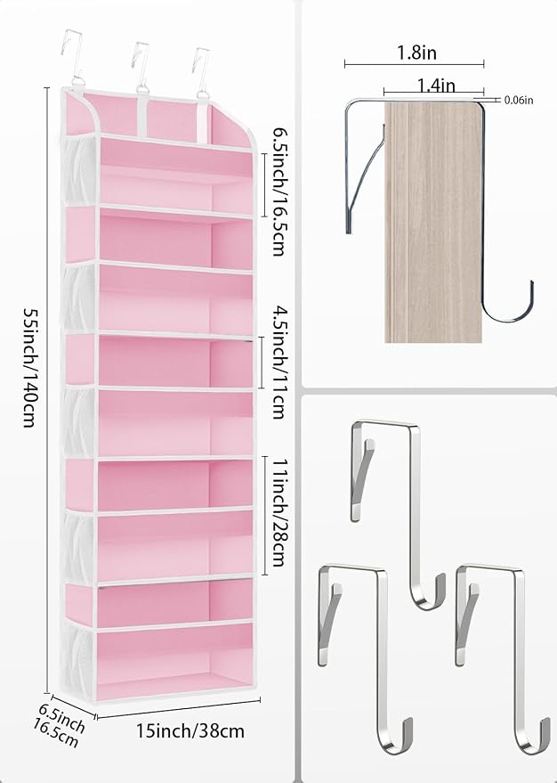 TAHAVICE Over the Door Organizer with Clear PVC Windows & 10 Mesh Pockets | 5-Tier Hanging Storage, Cute Closet Organizer for Makeup, Perfume, Toys, Perfect Pink Room Decor for Girl
