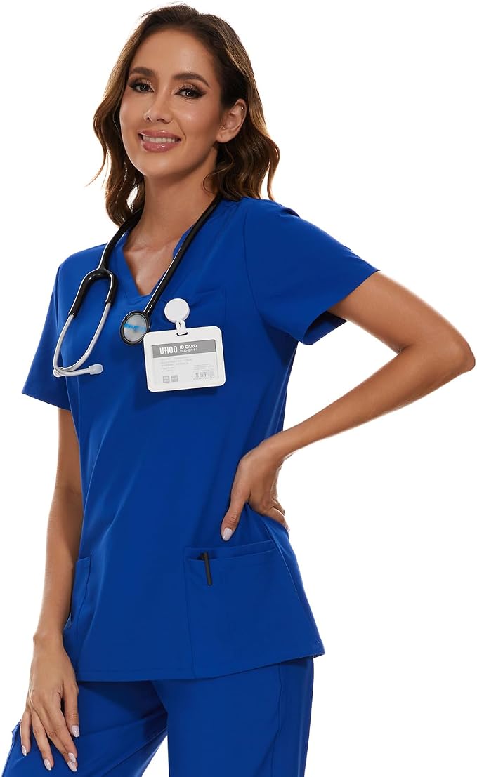 Scrubs Tops for Woman - Soft Stretch, V-Neck Tops | 3 Pockets, Side Split Design, Short Sleeve, Breathable & Lightweight Nursing Shirt, Easy-Care Fabric for All-Day Comfort