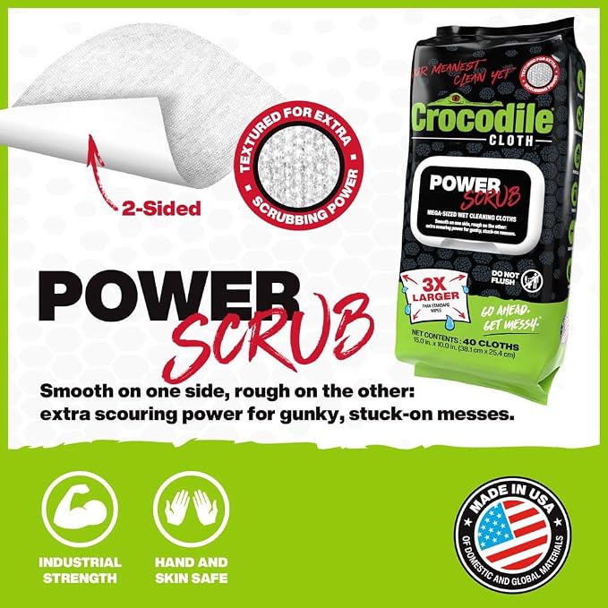 Crocodile Cloth PowerSCRUB - 40 (15" x 10") Heavy Duty Cleaning Wipes - Dual-Surface Cloths, Moist, Absorbent, & Disposable - Safe on Skin & Multiple Surfaces