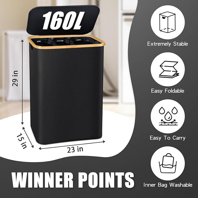Hampers for Laundry Basket with Lid, 160L Large Laundry Hamper 3 Section | Dirty Clothes Hamper Separator with 3 Removable Bags & 5 Labels, Divided Laundry Organizer for Bedroom, Laundry Room, Black