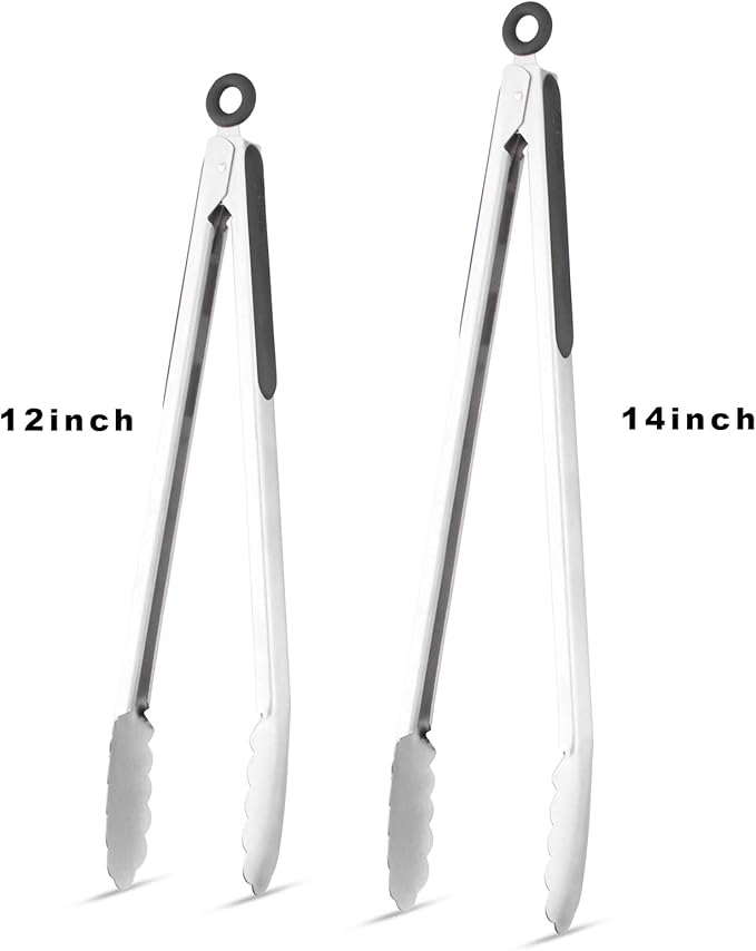 304 Stainless Steel Kitchen Cooking Tongs, 12" and 14" Set of 2 Sturdy Grilling Barbeque Brushed Locking Food Tongs with Ergonomic Grip, Black