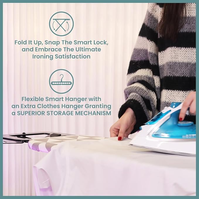Compact Ironing Board Foldable | Hanging Iron Board with Safety Iron Stand & Rest for Small Space or Apartment, Thick Cover & Pad, Height Adjustable up to 33" Features 4 Steel Legs